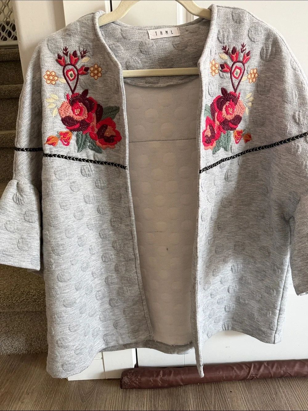 THML Light Gray Open Front Cardigan with Red & Pink Floral Embroidery